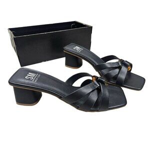 SM New York NIB Strappy Black Brown Heeled Sandals Open Toe‎ Block Heel Womens